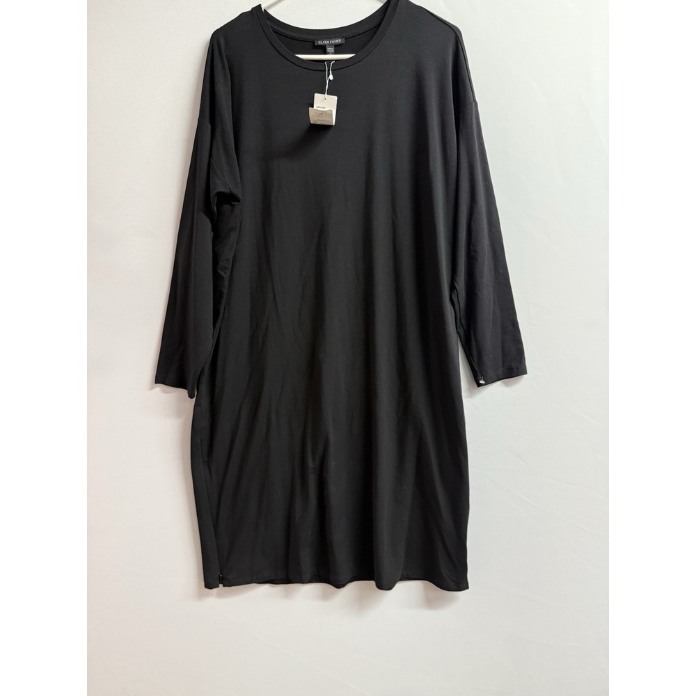 Eileen Fisher  M Black‎ Boxy Midi Tencel Jersey Dress with Side Zip
